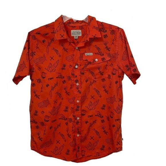 Lucky Brand Orange Novelty Print Button Up Mens Size Large Short Sleeve - Picture 1 of 12